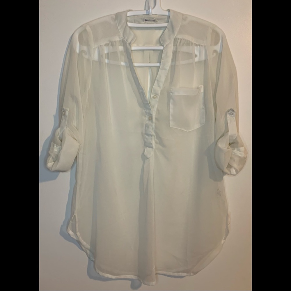 Sheer Off White Half Button Down Long Sleeve Blouse Size Medium